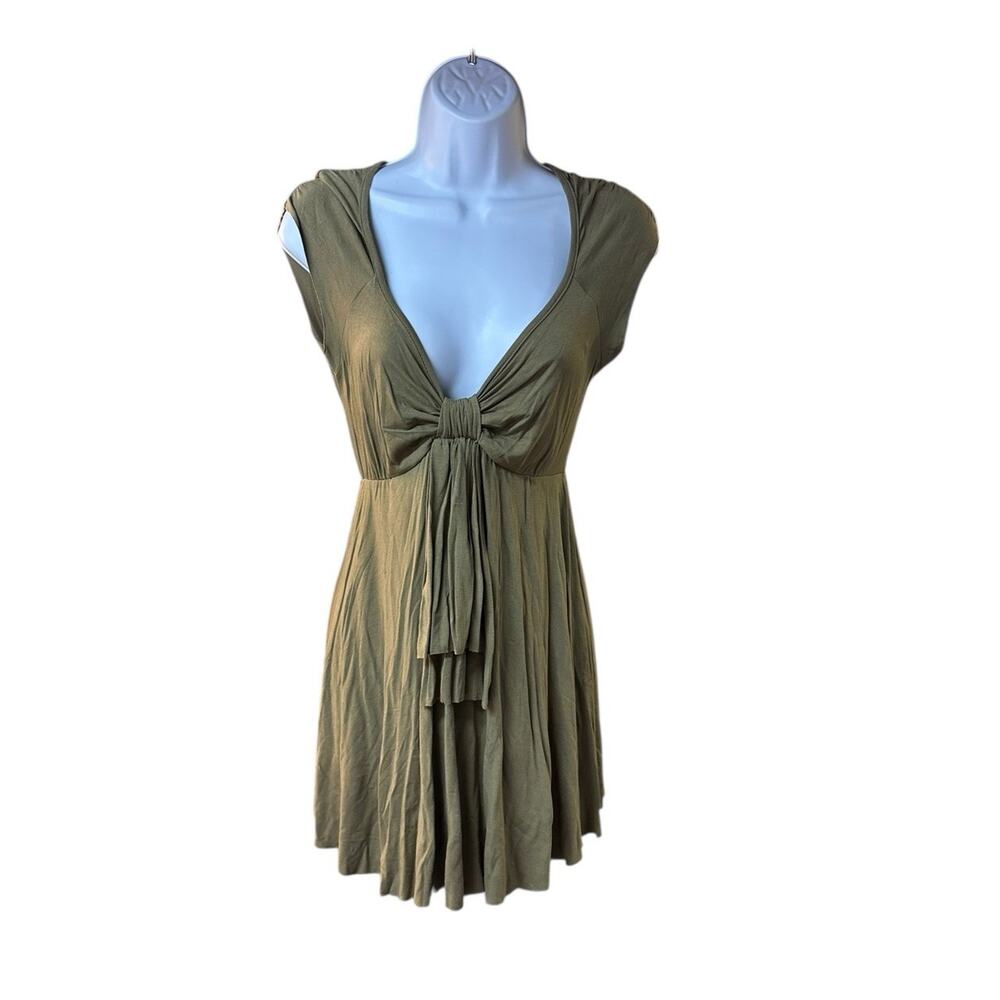 Arden B Olive Green Deep V Knot Front Tunic Top Flowy Boho Y2K Stretch Large USA